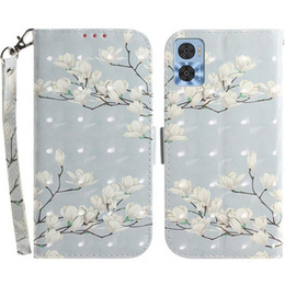 Cu clapetă pentru Motorola Moto E22 / E22i, Wallet, flowers magnolia, alb
