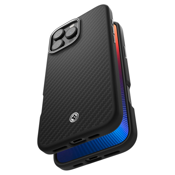 Carcasa Spigen pentru iPhone 16 Pro, Enzo Aramid MagSafe, negru carbon / argintiu + 9H Tempered Glass