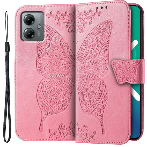Cu clapetă pentru Motorola Moto G14, Butterfly, roz 