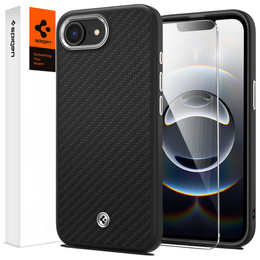 Carcasa Spigen pentru iPhone 16E, Enzo Aramid MagSafe, negru carbon + 9H Tempered Glass