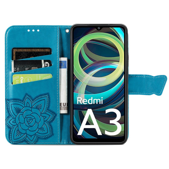 Cu clapetă pentru Xiaomi Redmi A3, Butterfly, albastru