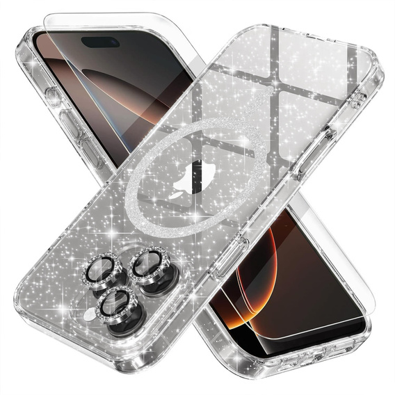 Husă pentru iPhone 16 Pro, ERBORD Glitter MagSafe, transparentă + Sticlă pentru ecran