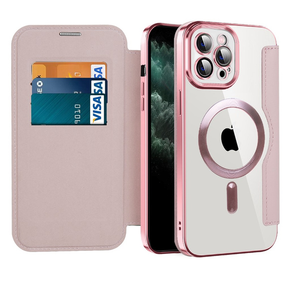 Cu clapetă pentru iPhone 11 Pro Max, RFID Wallet MagSafe CamShield, roz