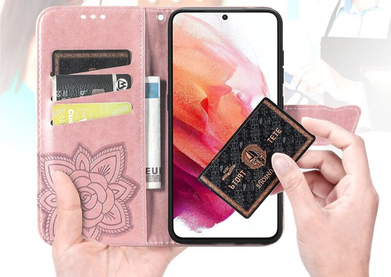Cu clapetă pentru Motorola Moto E14, Butterfly, roz rose gold