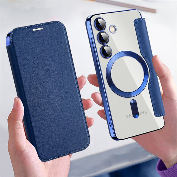 Cu clapetă pentru Samsung Galaxy S24, RFID Wallet MagSafe CamShield, albastru închis