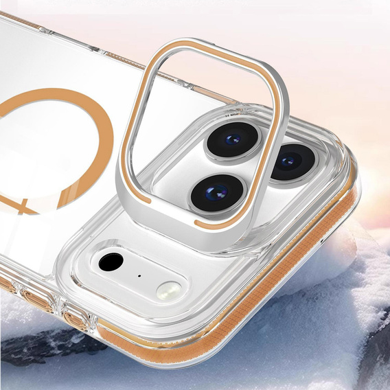 Husă pentru iPhone 17 Pro Max, pentru MagSafe, cu suport, transparentă cu inserții aurii