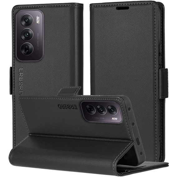 Husă pentru Oppo Reno 12, ERBORD Glossy Litchi, portofel cu clapetă, negru