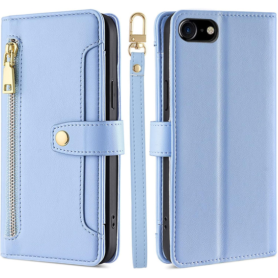Cu clapetă pentru iPhone 16E, Wallet Zipper Pocket, albastru