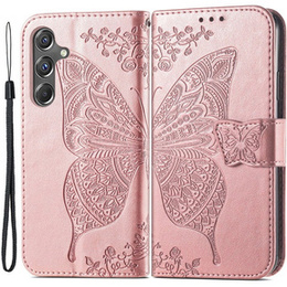 Cu clapetă pentru Samsung Galaxy A15, Butterfly Flower, roz rose gold + sticlă 9H