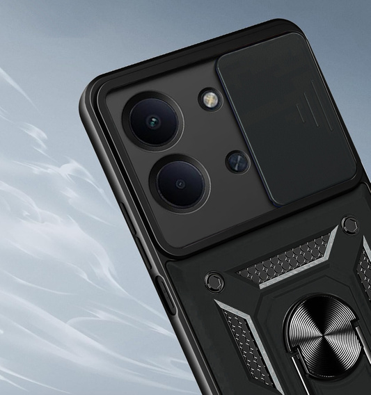 Carcasă blindată pentru Xiaomi Redmi 15C 4G/LTE, cu protecție pentru cameră, cu suport, negru