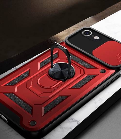 Carcasă blindată pentru iPhone 16E, CamShield Slide, roșu + sticlă călită 9H