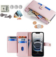 Cu clapetă pentru iPhone 16E, Wallet Zipper Pocket, roz