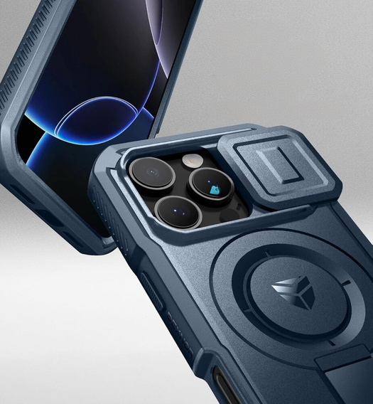 Husă blindată pentru iPhone 16 Pro, Dexnor CamProtect MagSafe, albastru (Două rame)