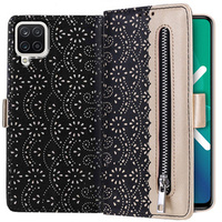 Carcasă cu clapetă pentru Samsung Galaxy A12 / M12 / A12 2021/M12, Wallet Pocket Zipper Lace, negru