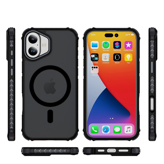Carcasă Matt pentru iPhone 17, blindată, pentru MagSafe, fumurie cu margini negre