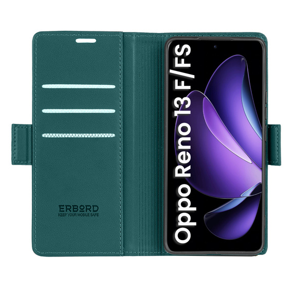 Husă pentru Oppo Reno 13F / Oppo Reno 13FS, ERBORD Glossy Litchi, portofel cu clapetă, verde