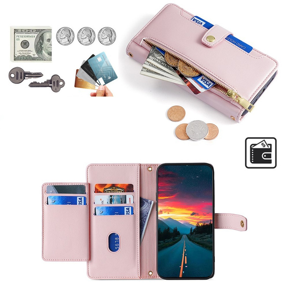Cu clapetă pentru Realme 14 Pro+ 5G, Wallet Zipper Pocket, roz