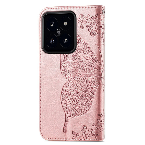 Cu clapetă pentru Xiaomi 14T Pro, Butterfly, roz rose gold