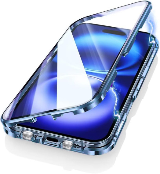 Carcasa Magnetic Dual Glass MagSafe pentru iPhone 16, albastru
