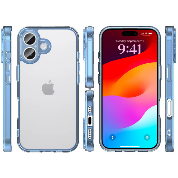 Husă pentru iPhone 17, cu capac pentru cameră, transparentă cu margini albastre