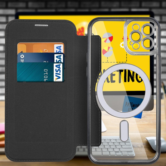 Cu clapetă pentru iPhone 11 Pro Max, RFID Wallet MagSafe CamShield, negru