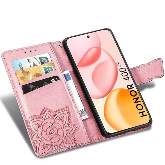 Cu clapetă pentru Honor 400 5G, Butterfly, roz rose gold