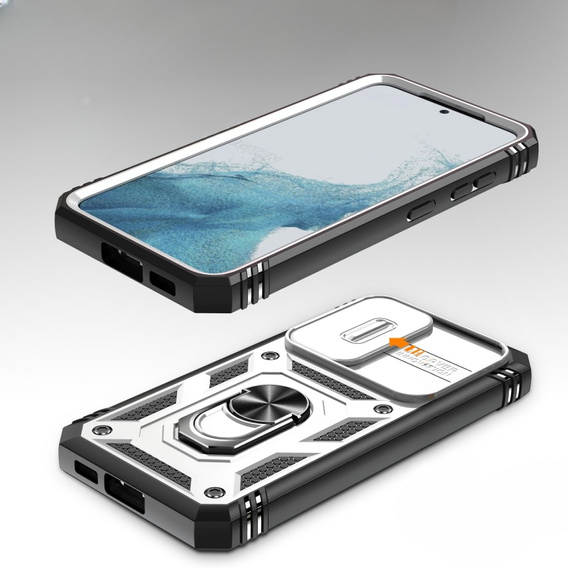 Husă blindată pentru Samsung Galaxy S23, CamShield Slide, alb / negru