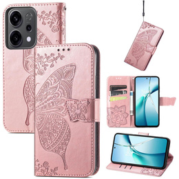 Carcasă cu clapetă pentru Oppo Reno 14, Butterfly, portofel, aur roz