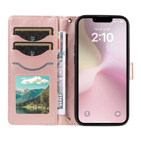 Husă cu clapetă pentru iPhone 16E, Rhombus Crossbody Leather, roz rose gold