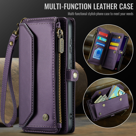 Husă CASEME pentru Samsung Galaxy S25 FE, RFID Leather Wallet, cu curea de umăr, violet