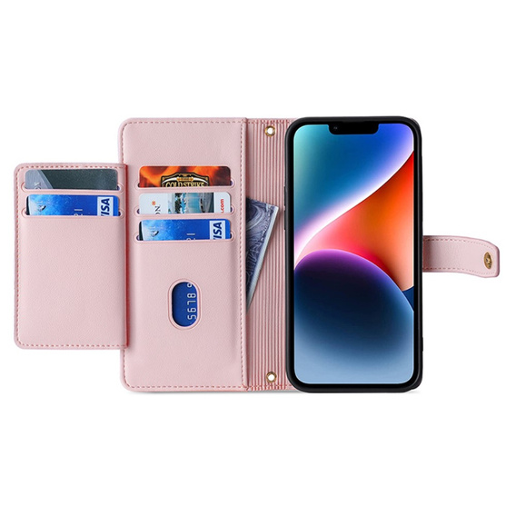 Cu clapetă pentru iPhone 15, Wallet Zipper Pocket, roz