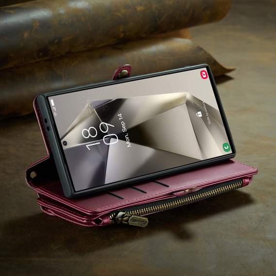 Husă CASEME pentru Samsung Galaxy S25 Ultra, RFID Leather Wallet, cu curea de umăr, roșu