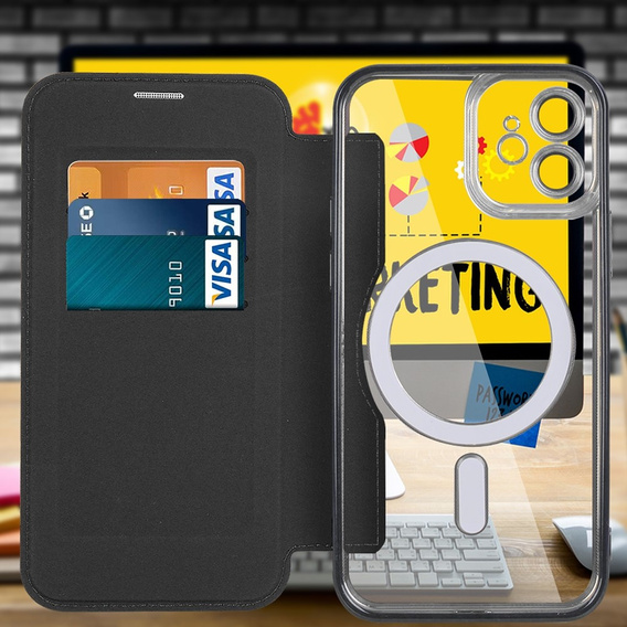 Cu clapetă pentru iPhone 12, RFID Wallet MagSafe CamShield, negru