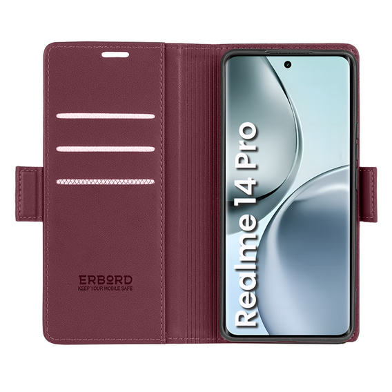 Husă pentru Realme 14 Pro 5G, ERBORD Glossy Litchi, portofel cu clapetă, roșu