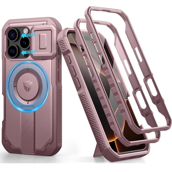 Husă blindată pentru iPhone 16 Pro, Dexnor CamProtect MagSafe, roz (Două rame)