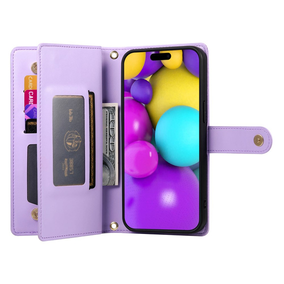 Cu clapetă pentru iPhone 16, Wallet Zipper Pocket, violet