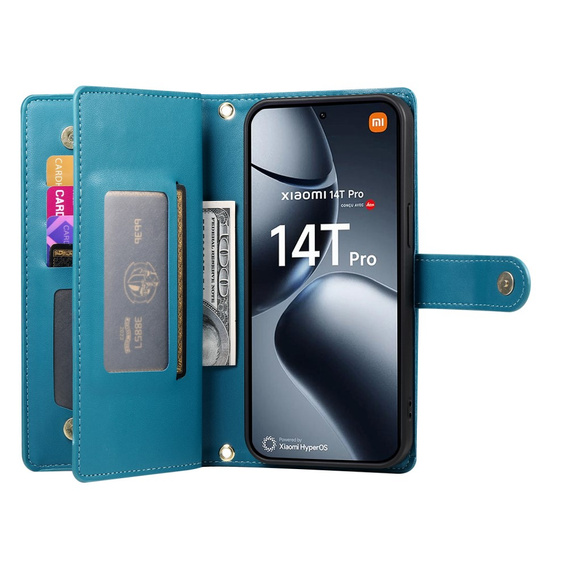 Cu clapetă pentru Xiaomi 14T Pro, Wallet Zipper Pocket, albastru