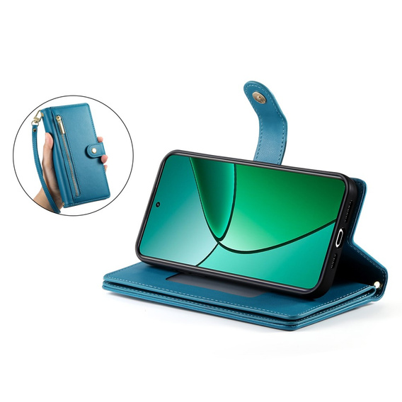 Cu clapetă pentru Realme 14 Pro 5G, Wallet Zipper Pocket, albastru