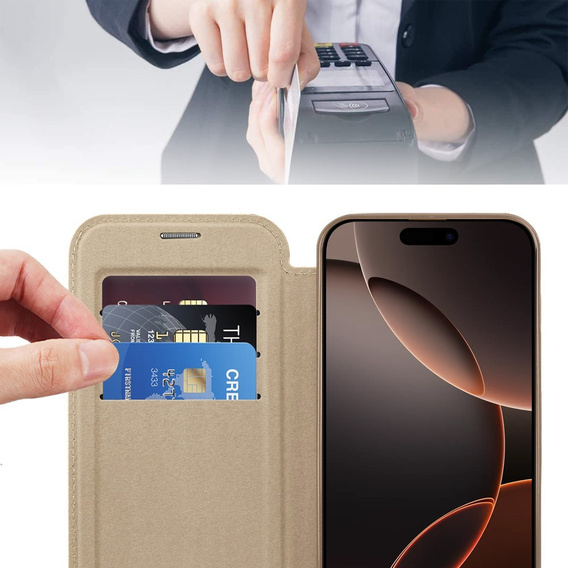 Cu clapetă pentru iPhone 16 Pro, RFID Wallet MagSafe CamShield, de aur