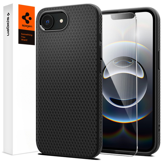 Carcasa Spigen pentru iPhone 16E, Liquid Air, negru + 9H Tempered Glass