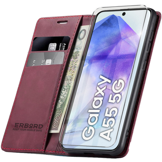 Husă pentru Samsung Galaxy A55, ERBORD Vintage, roșu + Sticlă pentru ecran