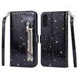 Cu clapetă pentru Samsung Galaxy A55, Wallet Zipper Pocket Glittery, negru