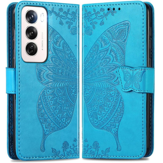 Cu clapetă pentru Oppo Reno 12 Pro, Butterfly, albastru