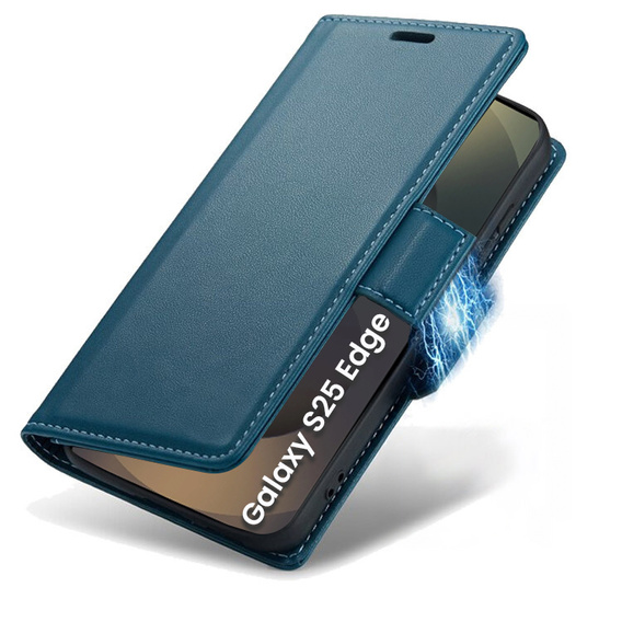 Husă pentru Samsung Galaxy S25 Edge, ERBORD Glossy Litchi, portofel cu clapetă, albastru