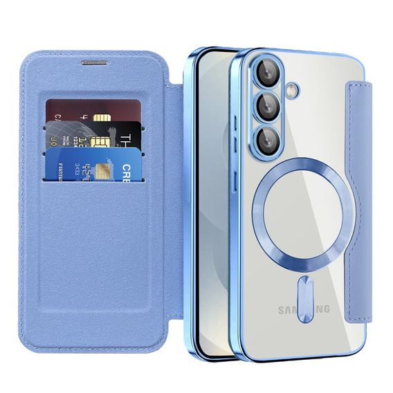 Cu clapetă pentru Samsung Galaxy S25, RFID Wallet MagSafe CamShield, albastru