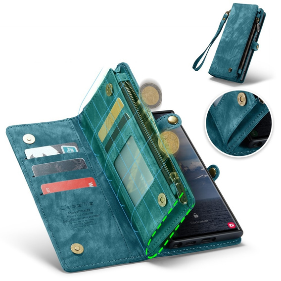 Husă CASEME pentru Samsung Galaxy S25 Ultra, Retro Leather Wallet, cu curea de umăr, verde