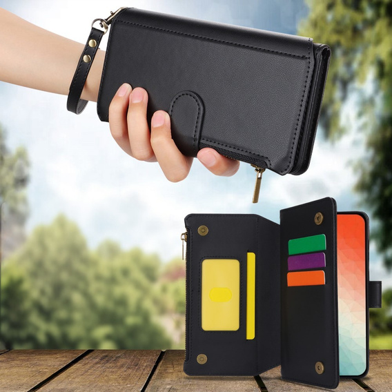 Cu clapetă pentru Samsung Galaxy S24, Wallet Zipper Pocket RFID, cu curea de umăr, negru