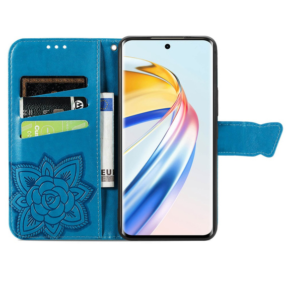 Cu clapetă pentru Honor Magic 6 Lite 5G, Butterfly, albastru