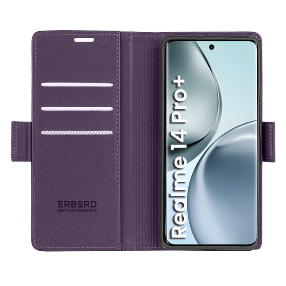 Husă pentru Realme 14 Pro+ 5G, ERBORD Glossy Litchi, portofel cu clapetă, violet