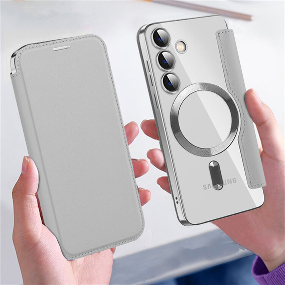 Cu clapetă pentru Samsung Galaxy S24, RFID Wallet MagSafe CamShield, de argint